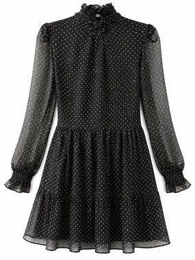 Sézane Olivia Black Silk Polka Dot Mini Dress Long Sleeve Ruffle Neck - 36 - US4